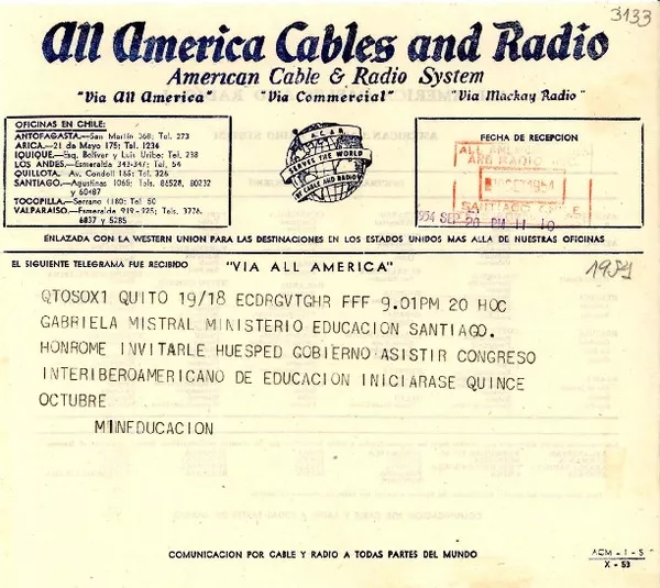 [Telegrama] 1954 sept. 20, Quito, [Ecuador] [a] Gabriela Mistral, Santiago, [Chile]  [manuscrito] Ministerio de Educación de Ecuador.