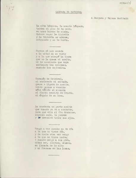 Lámpara de catedral  [manuscrito] Gabriela Mistral.