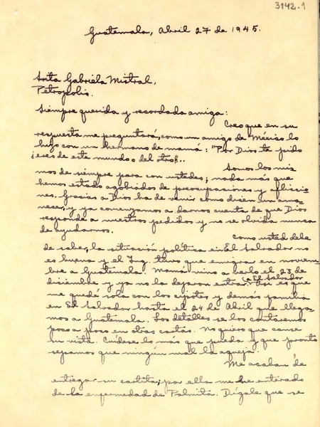 [Carta] 1945 abr. 27, Guatemala [a] Gabriela Mistral, Petrópolis  [manuscrito] Gladys de Maseg.