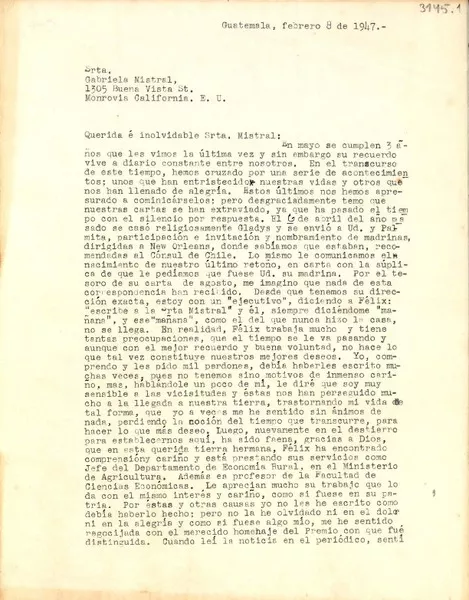 [Carta] 1947 feb. 8, Guatemala [a] Gabriela Mistral, Monrovia, California, Estados Unidos  [manuscrito] Elvira de Osegueda.