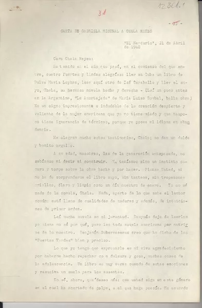 Carta de Gabriela Mistral a Chela Reyes  [manuscrito] Gabriela Mistral.