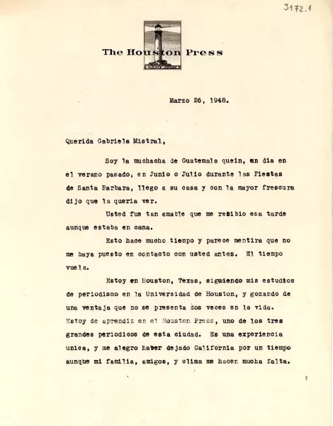 [Carta] 1948 mar. 26, Houston, Texas [a] Gabriela Mistral  [manuscrito] Ruth Nicol.