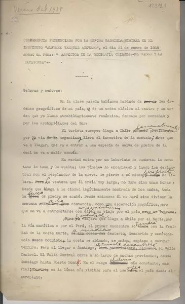 "Aspectos de la geografía chilena. El valle y La Patagonia"  [manuscrito] [Gabriela Mistral].