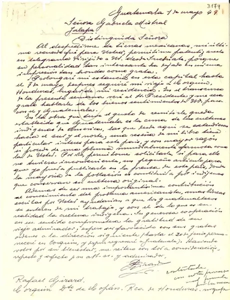 [Carta] 1949 mayo 1, Guatemala [a] Gabriela Mistral, Jalapa, [México]  [manuscrito] Rafael Girard.