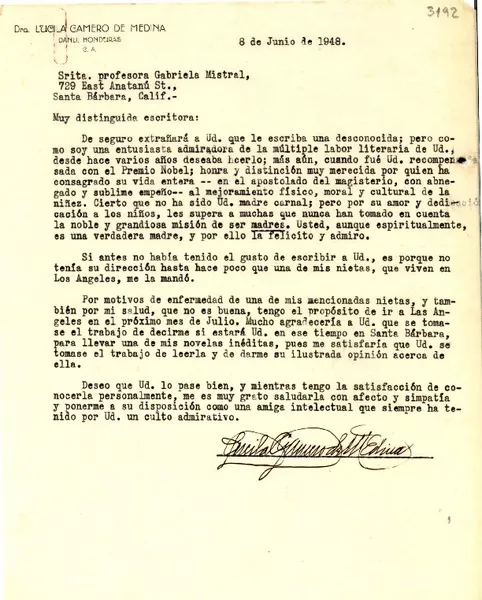 [Carta] 1948 jun. 8, Danli, Honduras [a] Gabriela Mistral, Santa Bárbara, Calif., [EE.UU.]  [manuscrito] Lucila Gamero de Medina.