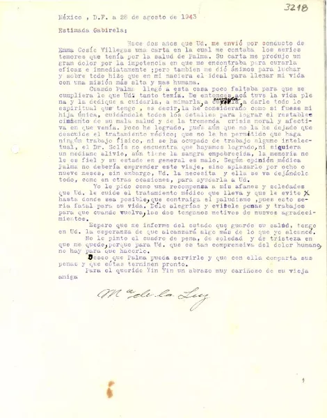 [Carta] 1943 ago. 28, México D.F [a] Gabriela Mistral  [manuscrito] María de la Luz.