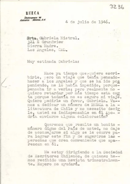 [Carta] 1946 jul. 4, México D. F. [a] Gabriela Mistral, Los Ángeles, California  [manuscrito] Carmen Toscano.