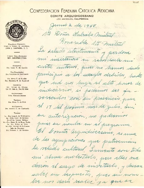 [Carta] 1948 jun. 2, Los Angeles, California, [EE.UU.] [a] Gabriela Mistral  [manuscrito] Elisa García López.