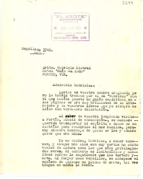 [Carta] 1948 dic. 25, México [a] Gabriela Mistral, Veracruz  [manuscrito]