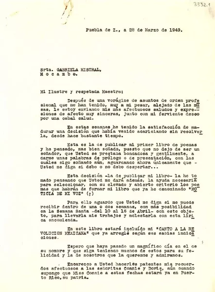 [Carta] 1949 mar. 28, Puebla [a] Gabriela Mistral, Veracruz  [manuscrito] Ernesto Moreno Machuca.