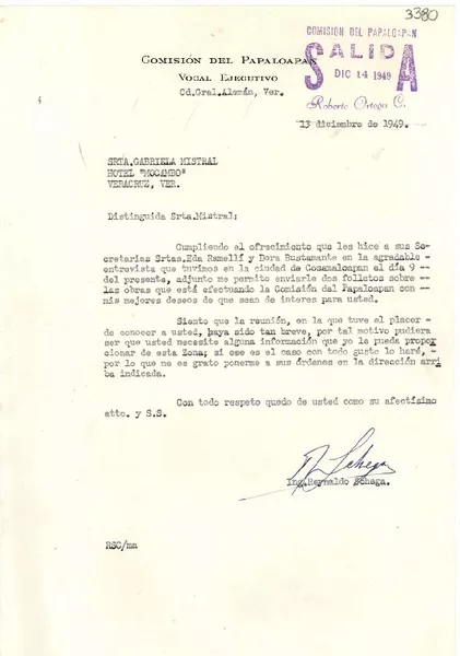 [Carta] 1949 dic. 13, Ver., [México] [a la] Srta. Gabriela Mistral, Hotel Mocambo, Veracruz, Ver., [México]  [manuscrito] Reynaldo Schega.