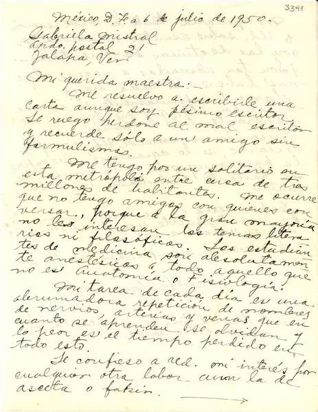 [Carta] 1950 jul. 6, México D. F. [a] [Gabriela Mistral], Apartado Postal 21, Jalapa, Ver., [México]  [manuscrito] Adolfo González V.