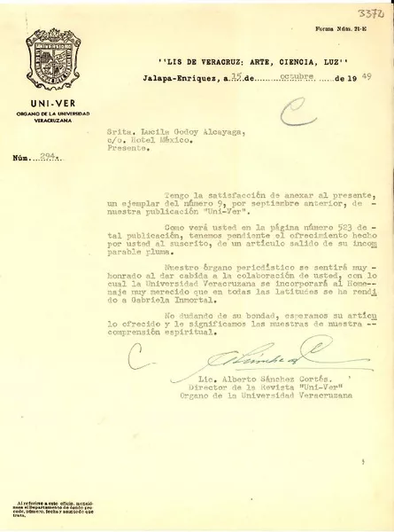 [Carta] 1949 oct. 15, Jalapa, [México] [a] Lucila Godoy  [manuscrito] Alberto Sánchez Cortés.