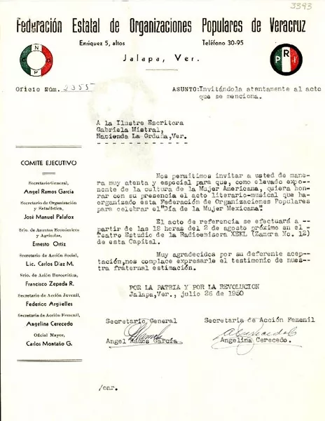 Oficio N° 2355, 1950 jul. 26, Jalapa, Ver., [México] [a] Gabriela Mistral, Hacienda La Orduña, Ver., [México]  [manuscrito] Ángel Ramos García, Angelina Cerecedo.
