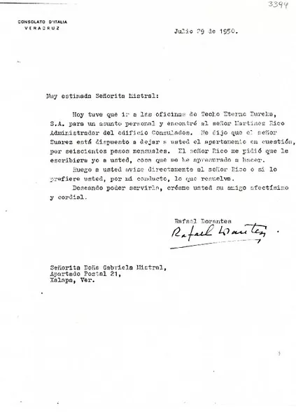 [Carta] 1950 jul. 29, Veracruz, [México] [a] Gabriela Mistral, Apartado Postal 21, Xalapa, Ver., [México]  [manuscrito] Rafael Dorantes.