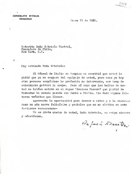 [Carta] 1951 ene. 11, Veracruz, [México] [a] Gabriela Mistral, Consulado de Chile, New York, N.Y., [EE.UU.]  [manuscrito] Rafael Krantesi.