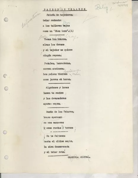 Patrón de telares  [manuscrito] Gabriela Mistral.