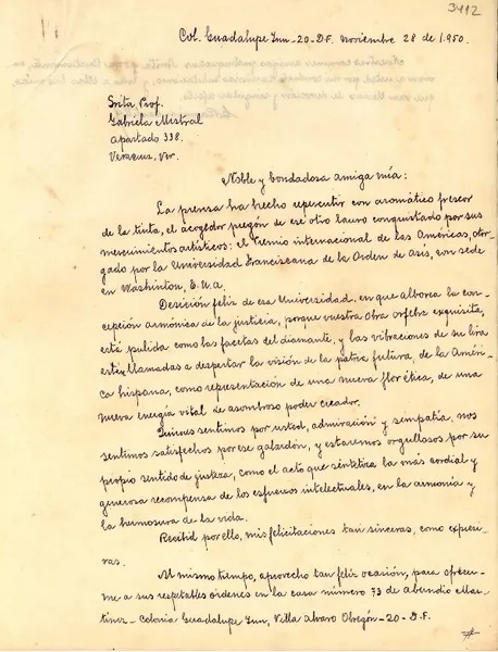 [Carta] 1950 nov. 28, [México], D. F. [a] Gabriela Mistral, Veracruz  [manuscrito] C. Ramírez Castillo.