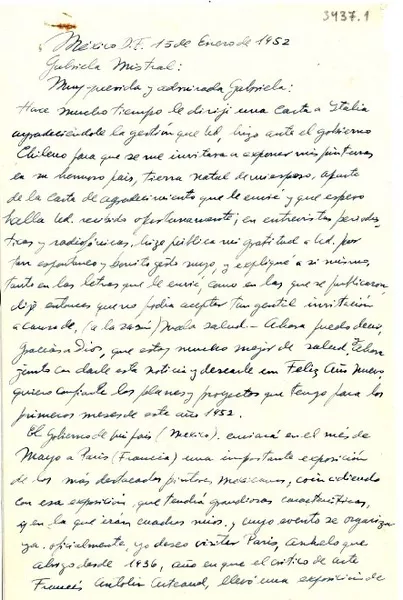 [Carta] 1952 ene. 15, México D.F [a] Gabriela Mistral  [manuscrito] María Izquierdo.