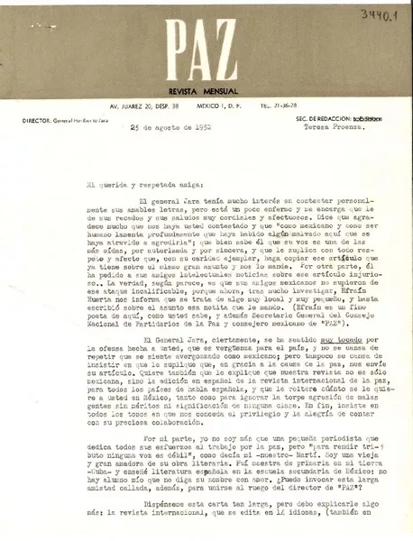 [Carta] 1952 ago 25, México D. F. [a] Gabriela Mistral  [manuscrito] Teresa Proenza.
