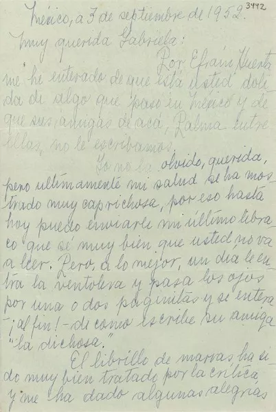 [Carta] 1952 sept. 3, México [a] Gabriela Mistral  [manuscrito] Paulita Brook.