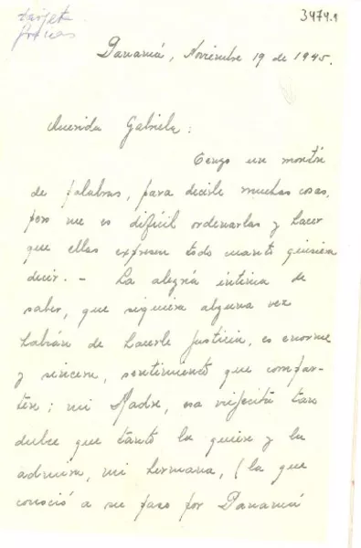 [Carta] 1945 nov. 19, Panamá [a] Gabriela [Mistral]  [manuscrito] [Rebeca Minutto de Rosypal].