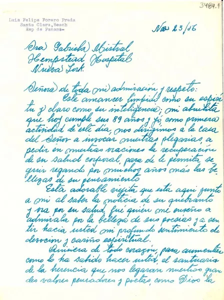 [Carta] 1956 nov. 23, Panamá [a] Gabriela Mistral, Nueva York  [manuscrito] Luis Felipe Foresto Prada.