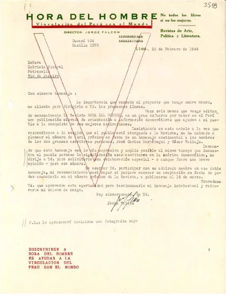 [Carta] 1944 feb. 22, Lima [a] Gabriela Mistral, Petrópolis, Río de Janeiro  [manuscrito] Jorge Falcón.
