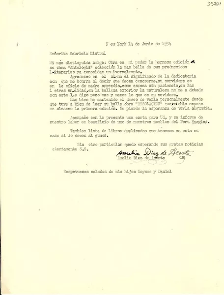[Carta] 1954 jun. 14, New York, [EE.UU.] [a] Gabriela Mistral  [manuscrito] Amelia Díaz de Acosta.