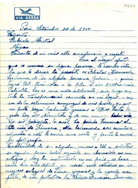 [Carta] 1950 sept. 20, Perú [a] Gabriela Mistral, México  [manuscrito] Felicitas Hernández.