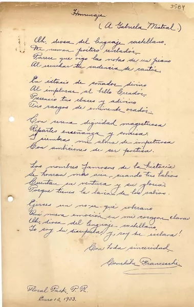 [Carta] 1933 ene. 12, Floral Park, Puerto Rico [a] Gabriela Mistral  [manuscrito] Conchita Franceschi.