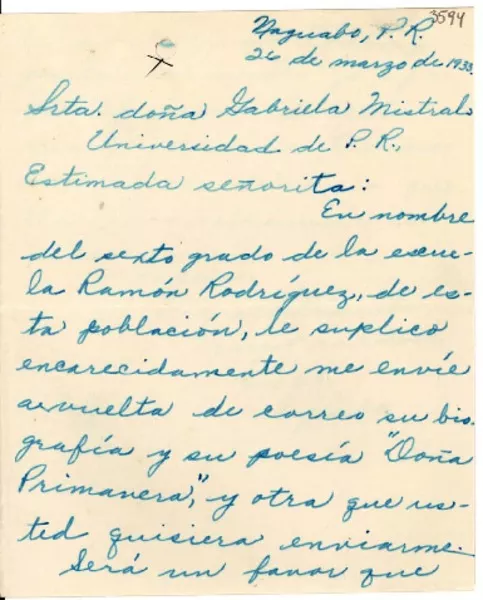 [Carta] 1933 mar. 26, Naguabo, Puerto Rico [a] Gabriela Mistral, Universidad de Puerto Rico  [manuscrito] Margot Haddock.
