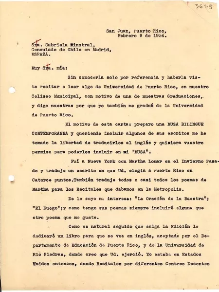 [Carta] 1934 feb. 9, San Juan, Puerto Rico [a] Gabriela Minstral [i.e. Mistral], Madrid, España  [manuscrito] Angela Rivera de Tudo.