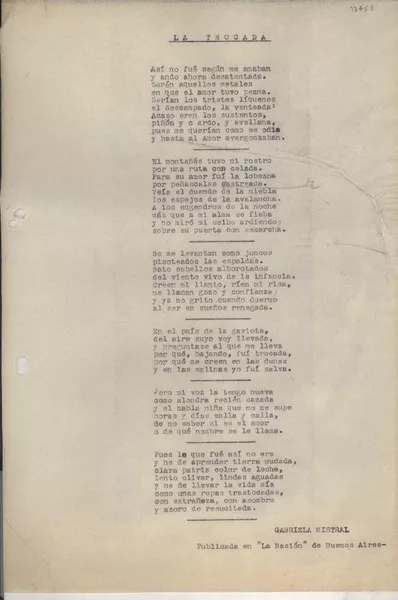 La trocada  [manuscrito] Gabriela Mistral.