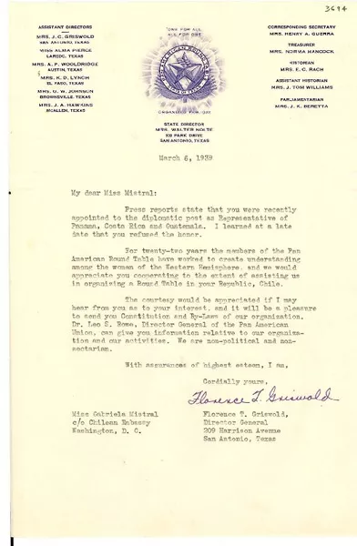 [Carta] 1939 mar. 6, San Antonio, Texas, [EE.UU.] [a] Gabriela Mistral, Washington D.C., [EE.UU.]  [manuscrito] Florence T. Griswold.