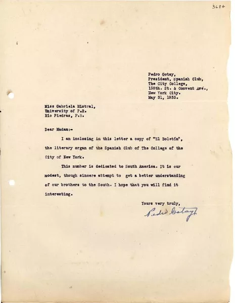 [Carta] 1933 mayo 31, New York [a] Gabriela Mistral, Río Piedras, Puerto Rico  [manuscrito] Pedro Gotay.