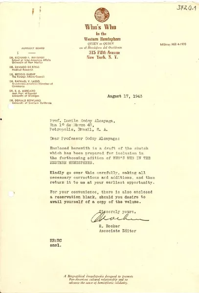 [Carta] 1943 ago. 17, N. York [a] L. Godoy Alcayaga, Petrópolis, Brasil  [manuscrito] R. Rocker.
