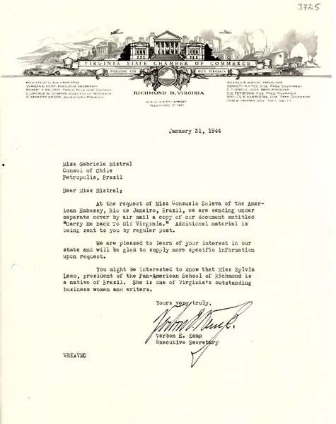 [Carta] 1944 ene. 31, Richmond, Virginia [a] Gabriela Mistral  [manuscrito] Verbon E. Kemp.