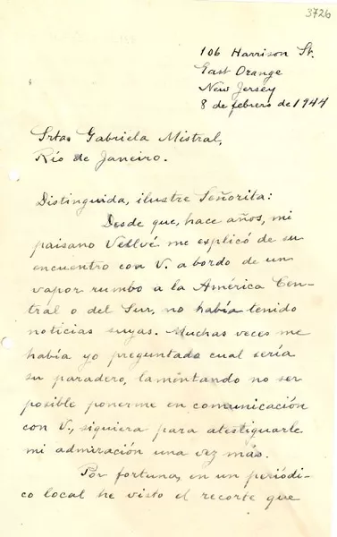 [Carta] 1944 feb. 8, Río de Janeiro, [Brasil] [a] Gabriela Mistral  [manuscrito] Alfredo Elías.