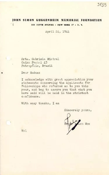 [Carta] 1944 abr. 24, New York, EE.UU. [a] Gabriela Mistral, Petrópolis, Brasil  [manuscrito] Henry Allen Moe.