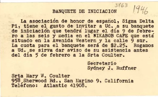 [Tarjeta] 1947 ene. 27, Los Angeles [a] Gabriela Mistral, Monrovia, California  [manuscrito] Sydney J. Ruffner.