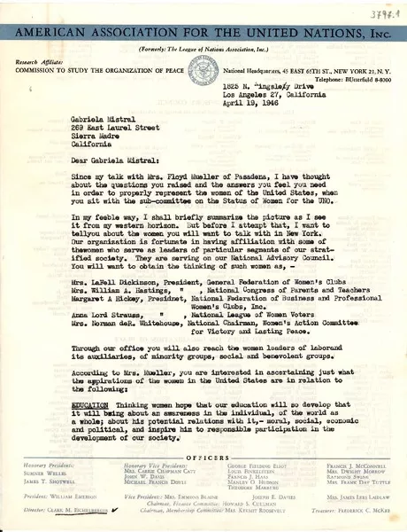 [Carta] 1946 abr. 19, Los Angeles, California [a] Gabriela Mistral, Sierra Madre, California  [manuscrito] Elsie Jensen.