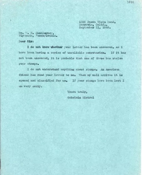 [Carta] 1946 sept. 11, Monrovia, California [a] W. H. McAlarney, Plymounth, Pennsylvania  [manuscrito] Gabriela Mistral.