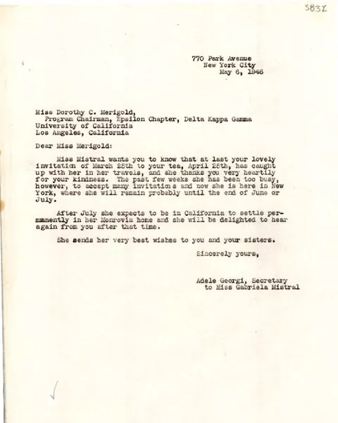 [Carta] 1946 mayo 6, New York, [E.E.U.U.] [a] Dorothy C. Merigolo, Los Angeles, California, [E.E.U.U.]  [manuscrito] Adele Georgi.