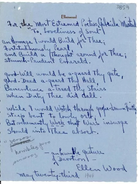 [Carta] [1946] mayo 23, [Estados Unidos] [a] Gabriela Mistral  [manuscrito] Ellen Wood.