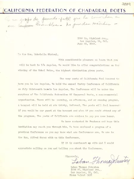 [Carta] 1946 jun. 25, Los Angeles, California [a] Gabriela Mistral  [manuscrito] Laban Thomas Johnston.