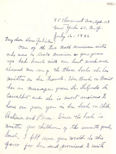 [Carta] 1946 jul. 16, N. York [a] Gabriela Mistral, Los Angeles, California  [manuscrito] Mary Kate Nogueira.