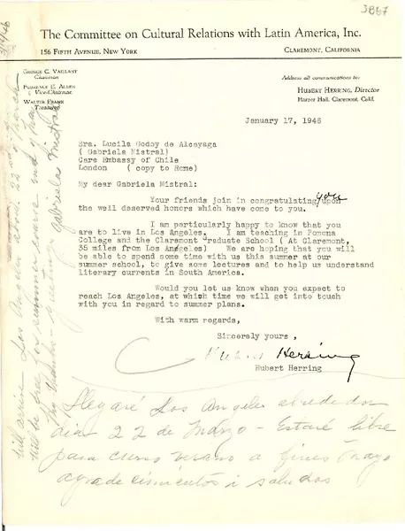 [Carta] 1946 ene. 17, Claremont, California [a] Gabriela Mistral, Londres  [manuscrito] Hubert Herring.