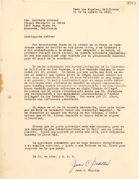 [Carta] 1946 ago. 12, Los Angeles, California, [E.E.U.U.] [a] Gabriela Mistral, Monrovia, California, [E.E.U.U.]  [manuscrito] Juan C. Padilla.