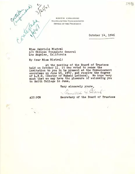 [Carta] 1946 oct. 14, Northampton, Massachusetts, [EE.UU.] [a] Gabriela Mistral, Los Angeles, California, [EE.UU.]  [manuscrito] Annetta I. Clark.